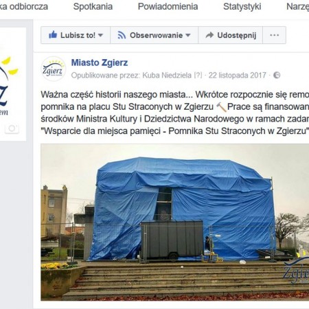 Skan wpisu na Facebooka miasta Zgierza z listopada 2017 roku