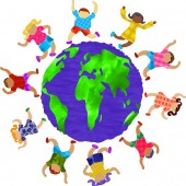 Rysunek dzieci tańczących wokół Ziemi